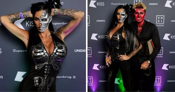 Katie Price shows off her bold style in a striking skeleton jumpsuit for a glamorous Halloween party.